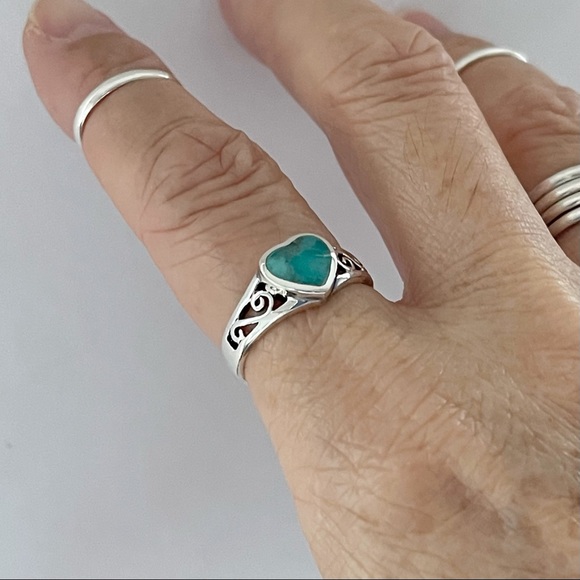 Sterling Silver Swirly and Genuine Turquoise Heart Ring, Silver Rings, Stones - Picture 5 of 12